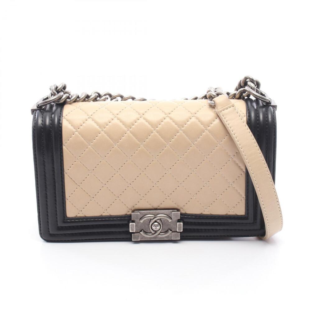 Chanel Boy Shoulder Bag Lambskin Leather Black Beige
